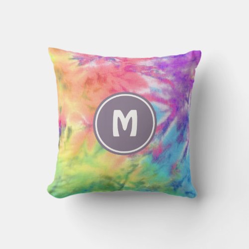 Abstract Pastel Rainbow Fun Batik Tie Dye Monogram Throw Pillow