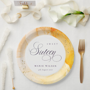 Abstract Pastel Yellow Orange Sweet 16 Birthday Paper Plates