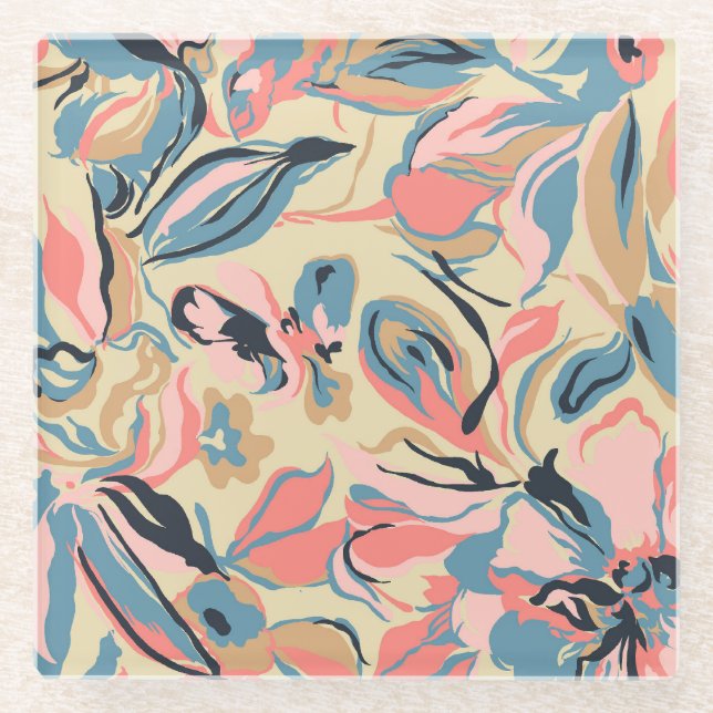 Abstract patchwork: geometric floral cream. glass coaster (Front)