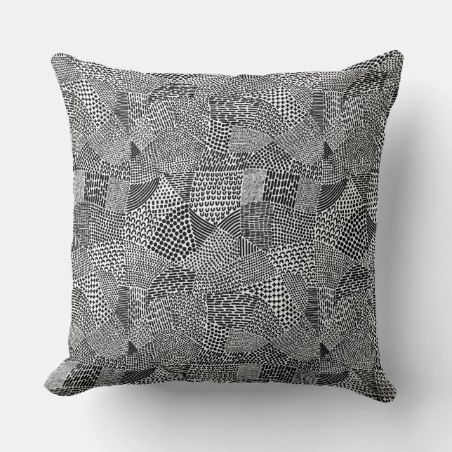 Abstract Patchwork Map - Black on White Throw Pillow (Front)