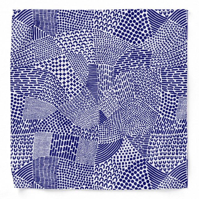 Abstract Patchwork Map - Deep Navy Blue on White Bandana (Front)