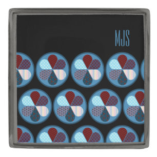 ABSTRACT PATCHWORK PATTERN BLUE MONOGRAM INITIALS GUNMETAL FINISH LAPEL PIN