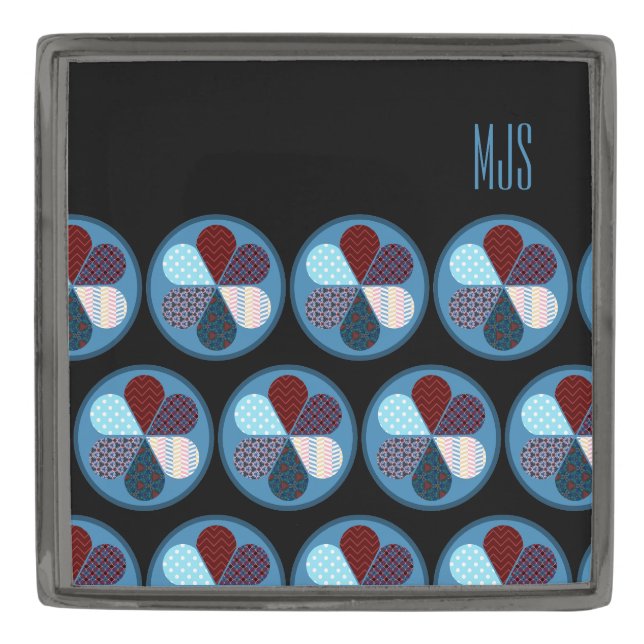 ABSTRACT PATCHWORK PATTERN BLUE MONOGRAM INITIALS GUNMETAL FINISH LAPEL PIN (Front)