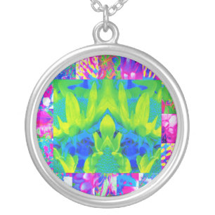 Abstract Patchwork Sunflower Garden Collage Silver Plated Necklace