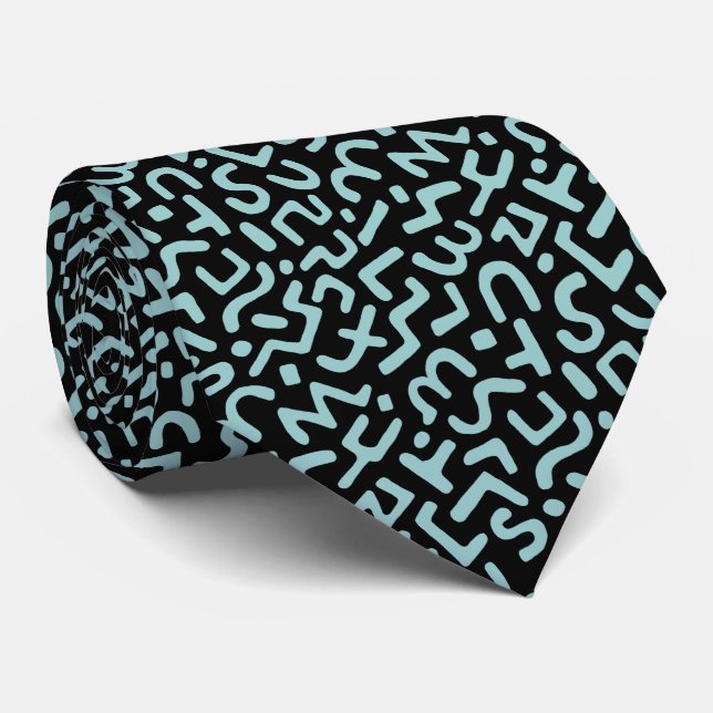 Abstract Pattern 170822 - Lt Blue Green on Black Neck Tie (Rolled)