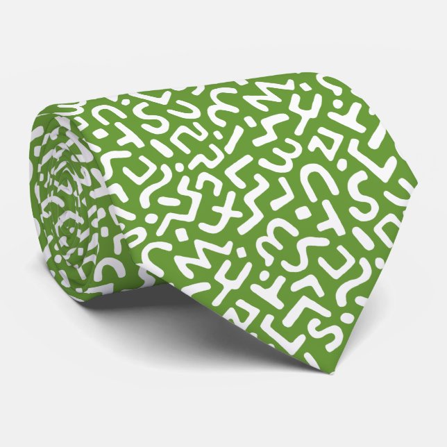 Abstract Pattern 170822 - White on Avocado Green Neck Tie (Rolled)
