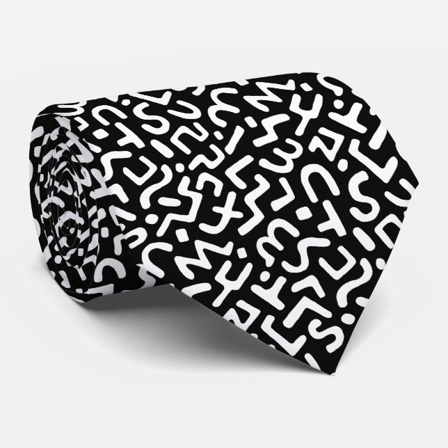 Abstract Pattern 170822 - White on Black Neck Tie (Rolled)