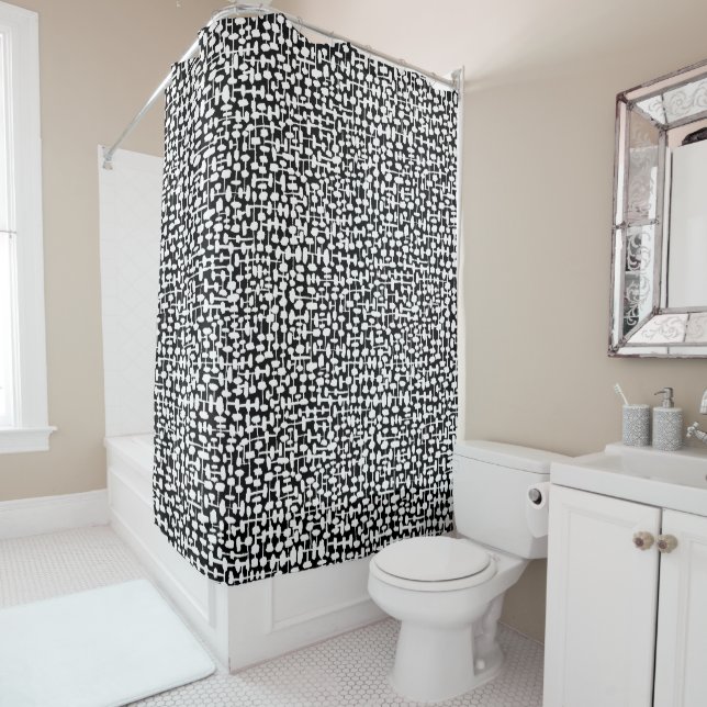 Abstract pattern 190621 White on Black Shower Curtain (In Situ)