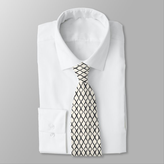 Abstract Pattern Black Beige Neck Tie (Tied)