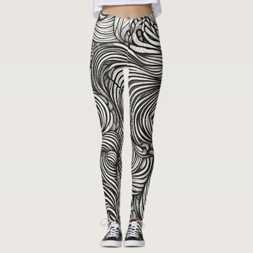 Abstract Pattern Black White Ink Pen Art Leggings