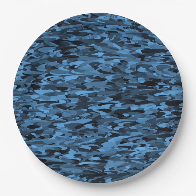Abstract Pattern Blue Black Paper Plates (Front)