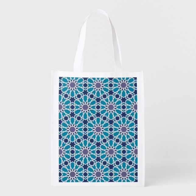 Abstract Pattern In Blue And Grey Grocery Bag (Front)