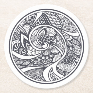 Abstract Pattern In Zen-Doodle Style Round Paper Coaster