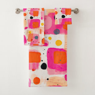 Abstract Pattern of Pink Color Blocks Mid Century  Bath Towel Set