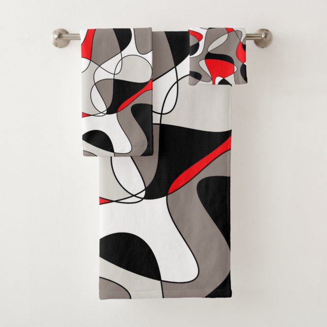 Abstract pattern - red and gray. bath towel set (Insitu)
