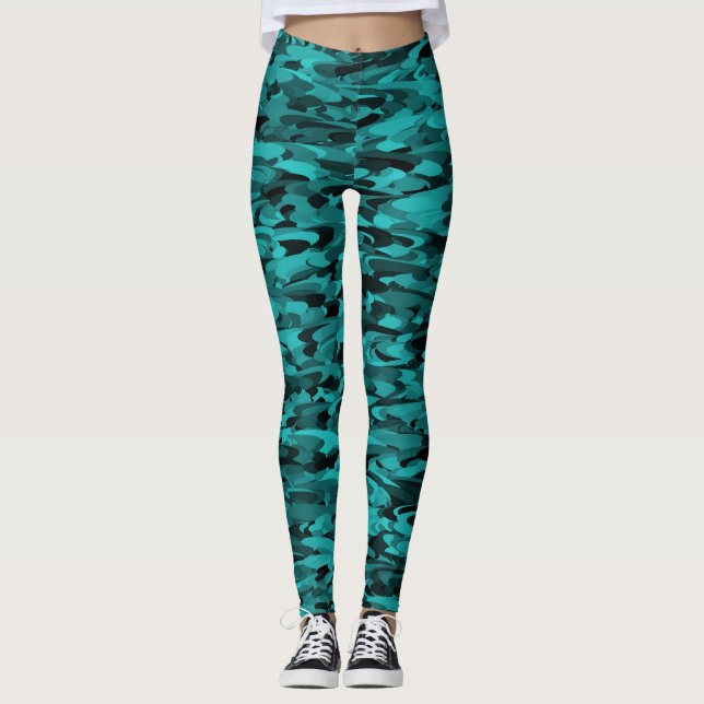 Abstract Pattern Teal Black Leggings (Front)