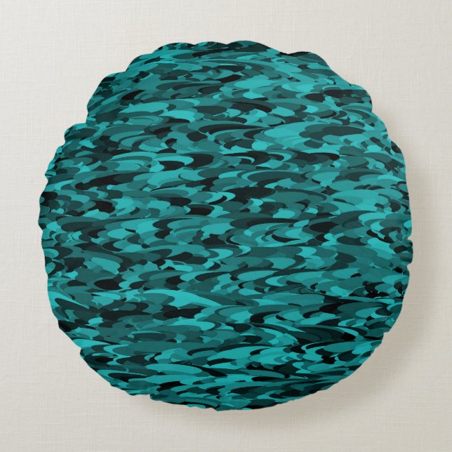 Abstract Pattern Teal Black Round Pillow (Front)