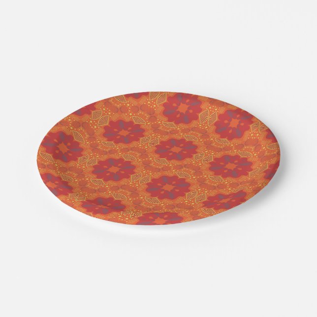 Abstract pattern with red flower paper plates (Angled)