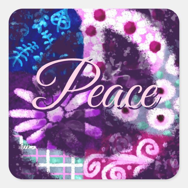 Abstract Peace Sign Hippie Art Purple Pink Blue Square Sticker (Front)