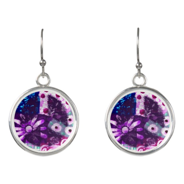 Abstract Peace Sign Silver Plated Drop Earrings (Front)