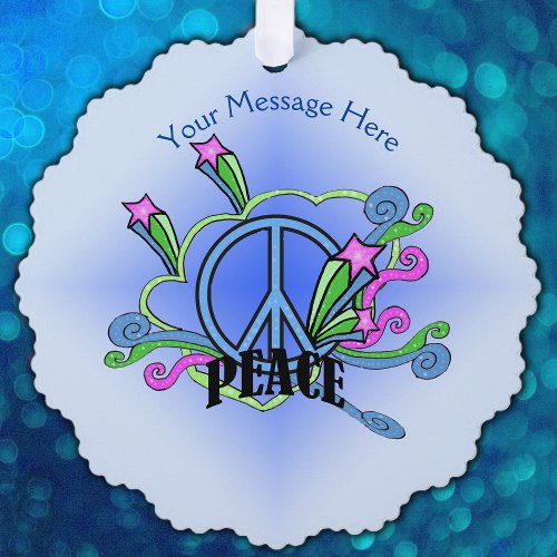 Abstract Peace Sign With Stars Scrolls on Blue Ornament Card