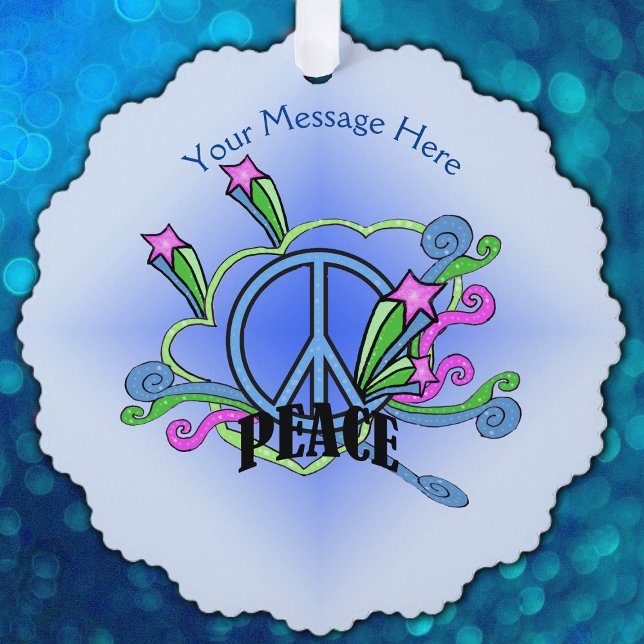 Abstract Peace Sign With Stars Scrolls on Blue Ornament Card (Abstract peace sign with pink stars, green scrolls on paper gift tag and ornament.)