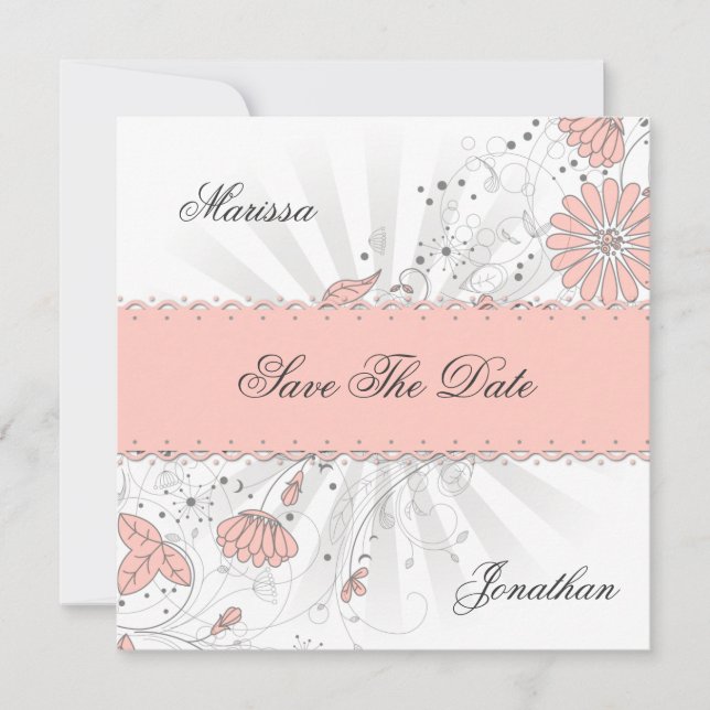 Abstract Peach Flowers Gray Sunburst Save The Date (Front)