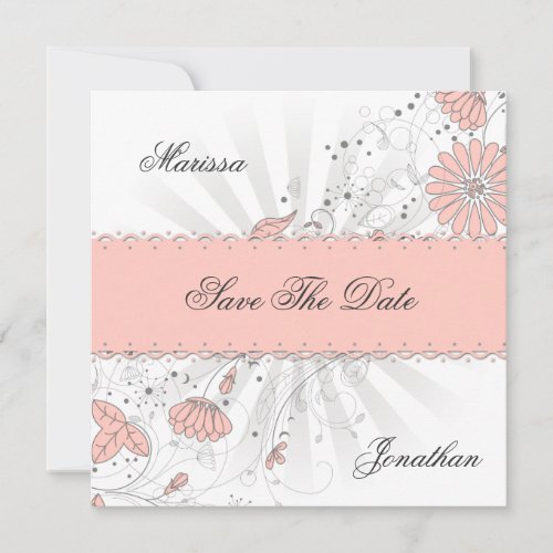 Abstract Peach Flowers Gray Sunburst Save The Date