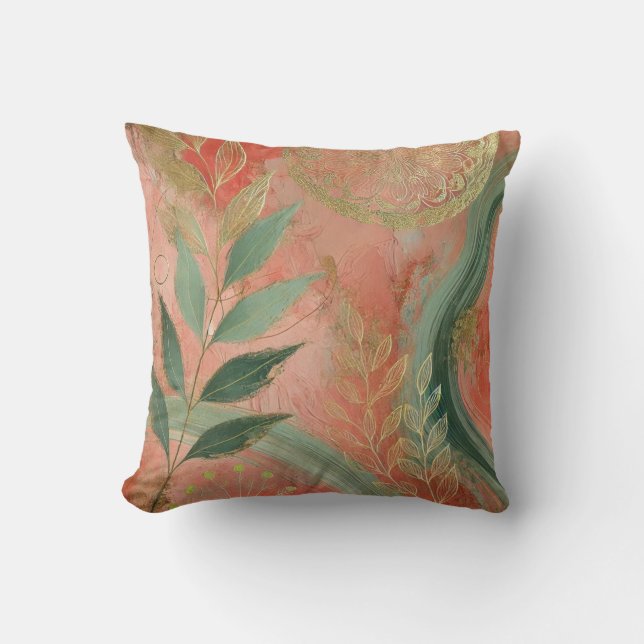 Abstract Peach-Golden Leaf Artwork Style 15 Throw Pillow (Front)