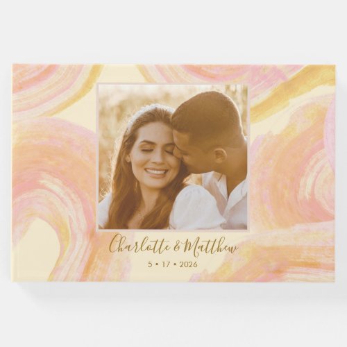 Abstract Peach Paint Swirl Custom Photo Wedding   Guest Book