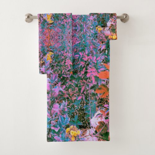 Abstract Peach Pink Green and Aqua Garden Foliage Bath Towel Set