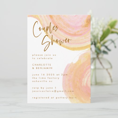 Abstract Peach Pink Paint Swirl Couples Shower  Invitation