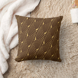 Abstract Peacock Feather Gold Vector Pattern Brown Throw Pillow