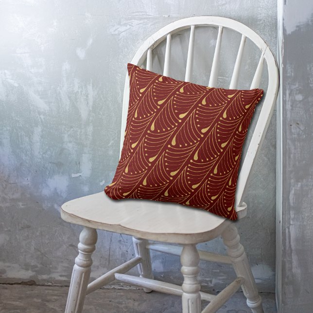 Abstract Peacock Feather Gold Vector Pattern Red Throw Pillow (Creator Uploaded)