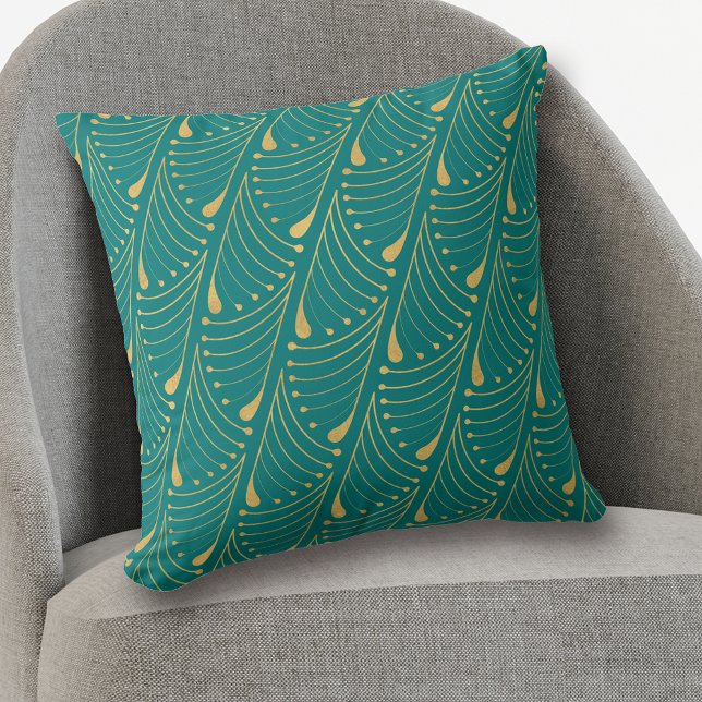 Abstract Peacock Feather Gold Vector Pattern Teal Throw Pillow (Creator Uploaded)
