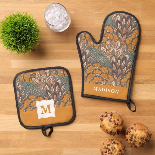 Abstract Peacock Feather Pattern Oven Mitt  Pot Holder Set