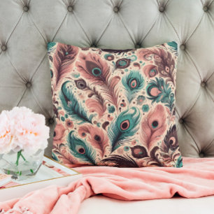 Abstract peacock feathers flower pink turquoise throw pillow