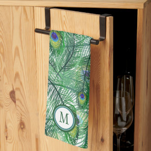 Abstract Peacock Feathers Pattern Monogram Kitchen Towel