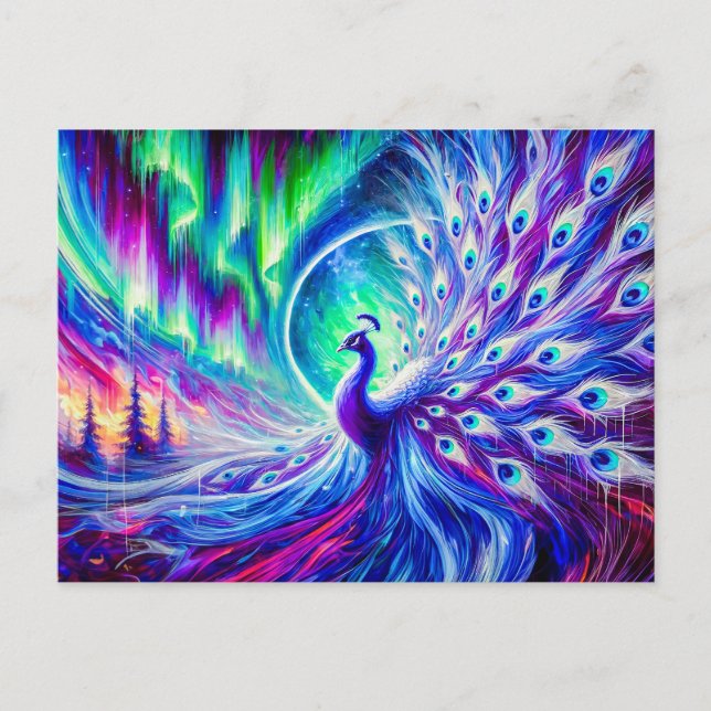 Abstract Peacock in Winter with Northern Lights Postcard (Front)