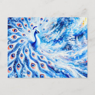 Abstract Peacock in Winter with Snow in Colorful Postcard