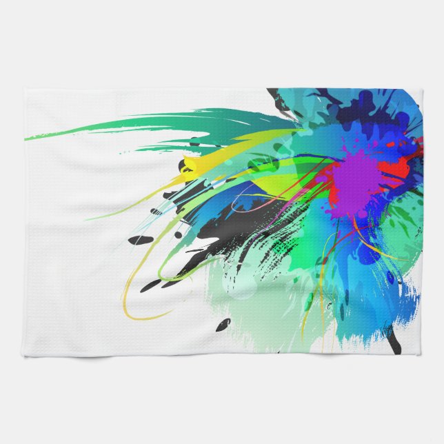 Abstract Peacock Paint Splatters Kitchen Towel (Horizontal)