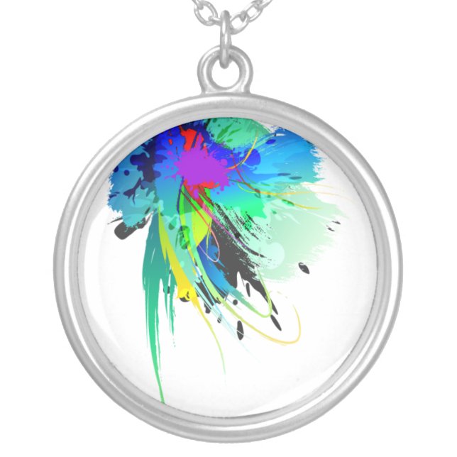 Abstract Peacock Paint Splatters Silver Plated Necklace (Front)