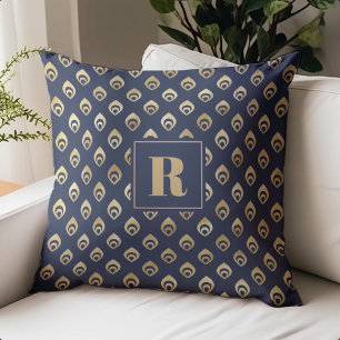 Abstract Peacock Pattern Monogram Navy Blue Gold Throw Pillow