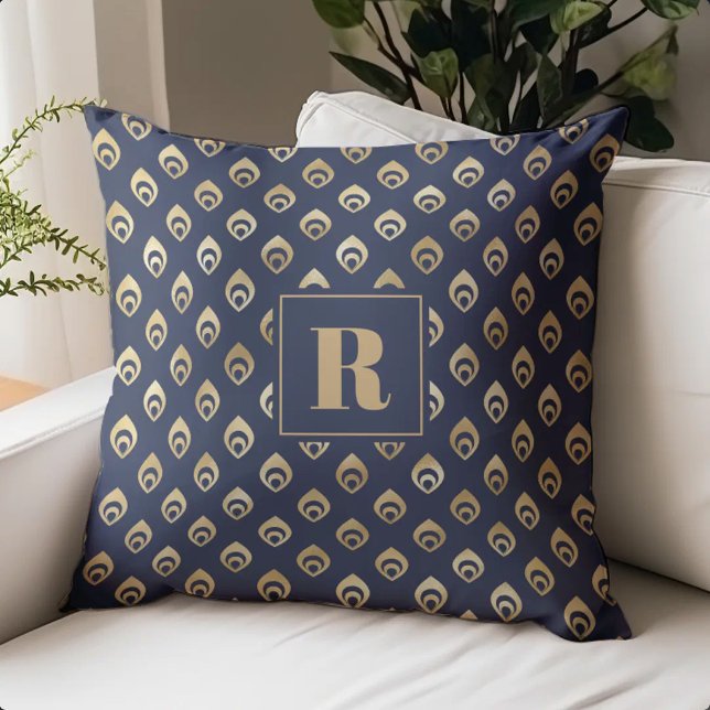 Abstract Peacock Pattern Monogram Navy Blue Gold Throw Pillow (Creator Uploaded)