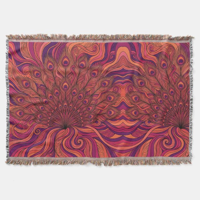 Abstract Peacock Sunset Orange Feather Blankets (Front)