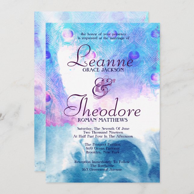 Abstract Peacock, Watercolor Wedding Invitation (Front/Back)
