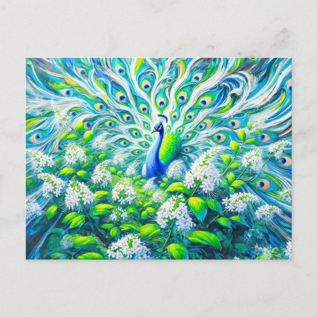Abstract Peacock with Bird Cherry Blossoms Paint Postcard (Front)