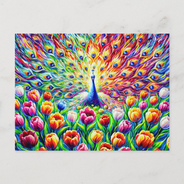 Abstract Peacock with Colorful Tulips in Paint Postcard (Front)
