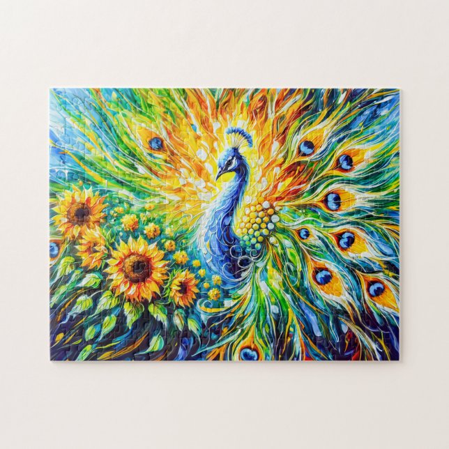 Abstract Peacock with Sunflowers in Painting Jigsaw Puzzle (Horizontal)