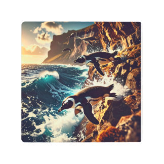 Abstract Penguins Diving - Surreal Cliff Dive Metal Print